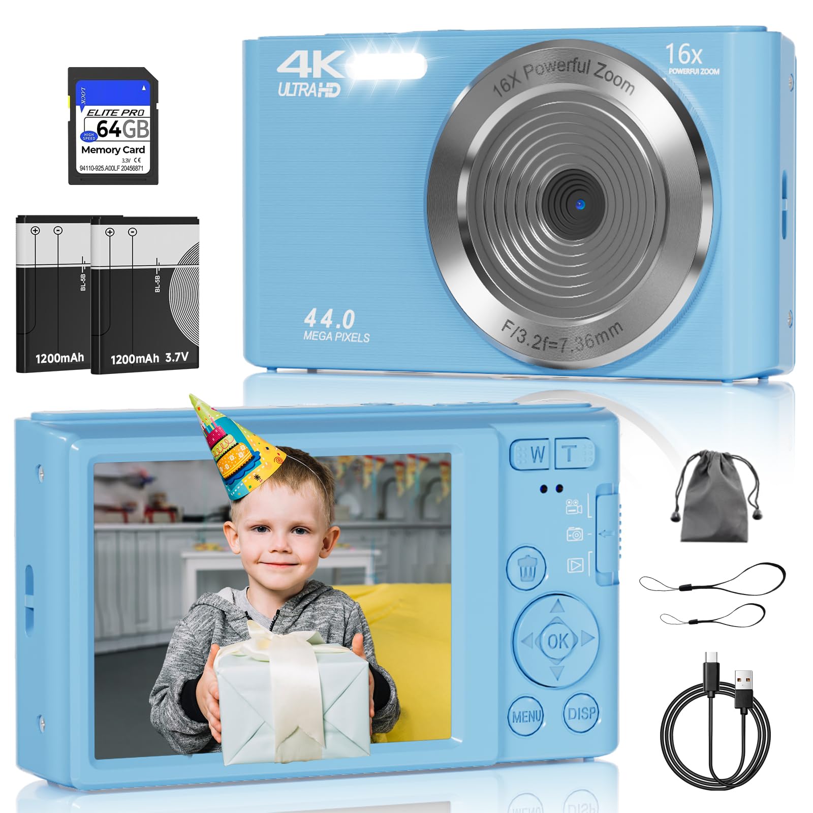 FHD 4K Digital Camera for Kids with 16X Zoom