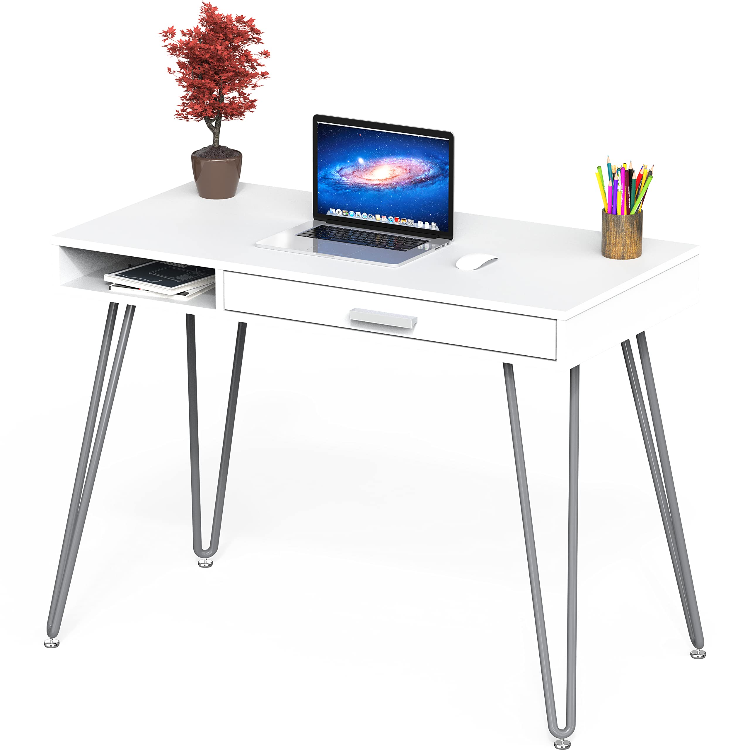 Elegant White Hairpin Leg Desk with Drawer