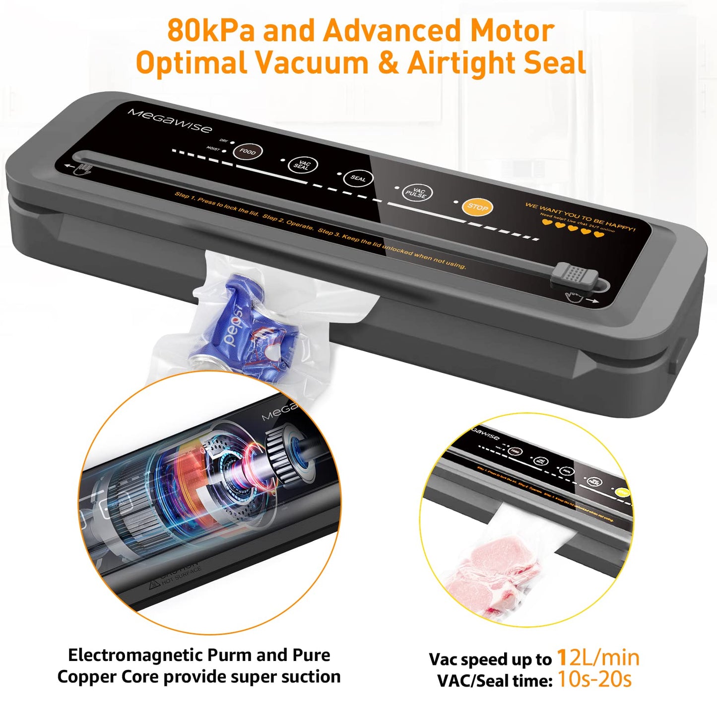 MegaWise Vacuum Sealer Machine With 80kPa Suction Power