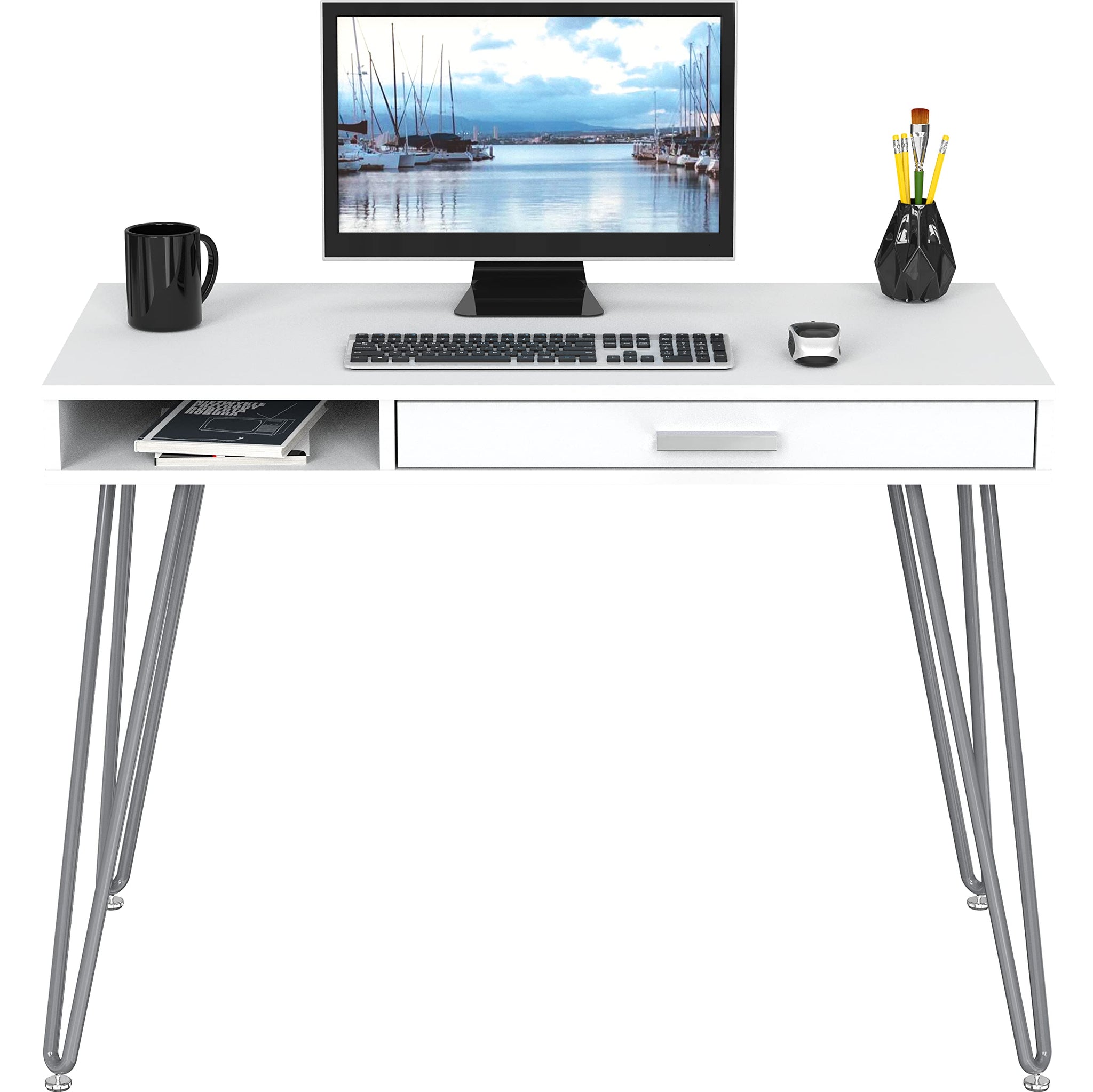 Elegant White Hairpin Leg Desk with Drawer
