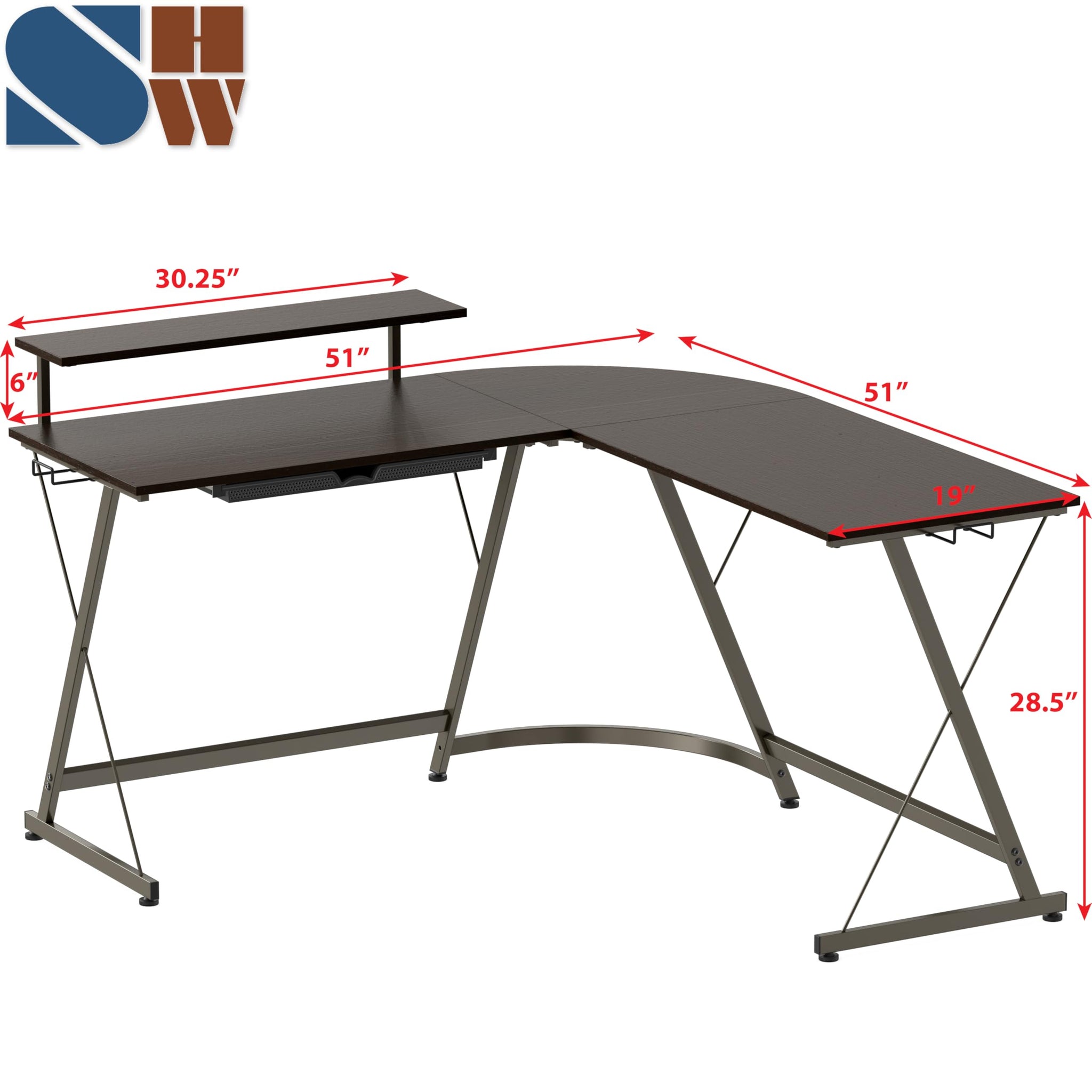 L Shaped Black Desk with Monitor Stand and Drawer