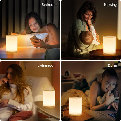 Small Bedside Lamp With Wood Base And Round Warm White Shade