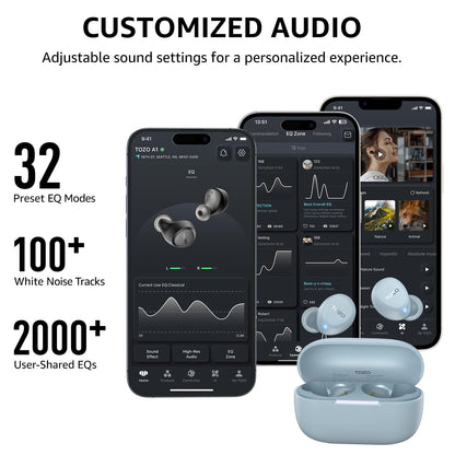 TOZO A1 Wireless Earbuds Bluetooth 5.3 Light Weight in Ear IPX5 Waterproof Headphones 2 Mic for AI Calls, Immersive Premium Sound Bass Headset with Charging Case, 32 Presets EQ Customization via App