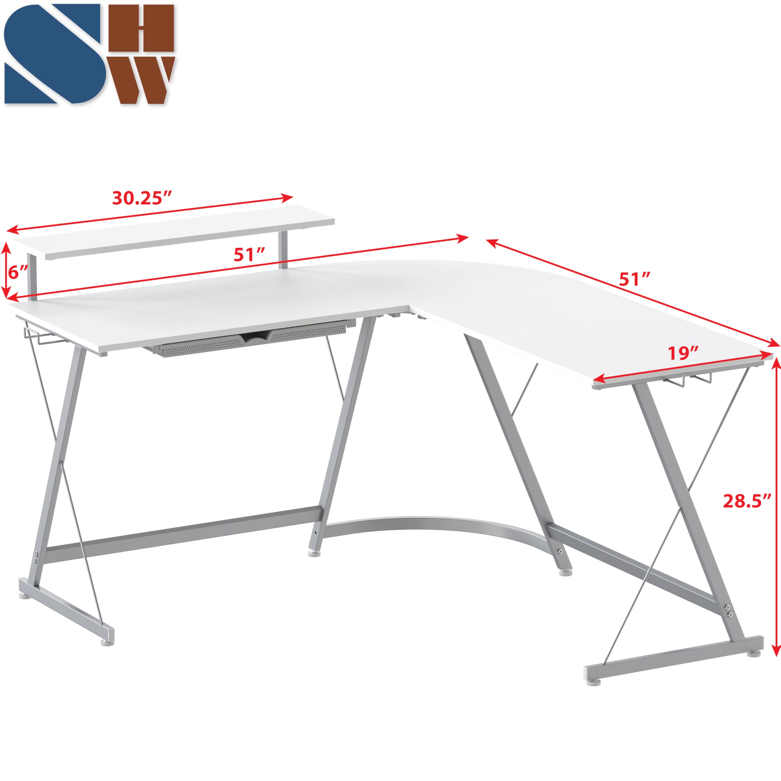 L Shaped Black Desk with Monitor Stand and Drawer