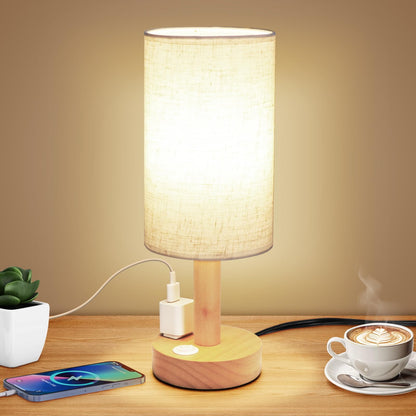 Small Bedside Lamp With Wood Base And Round Warm White Shade