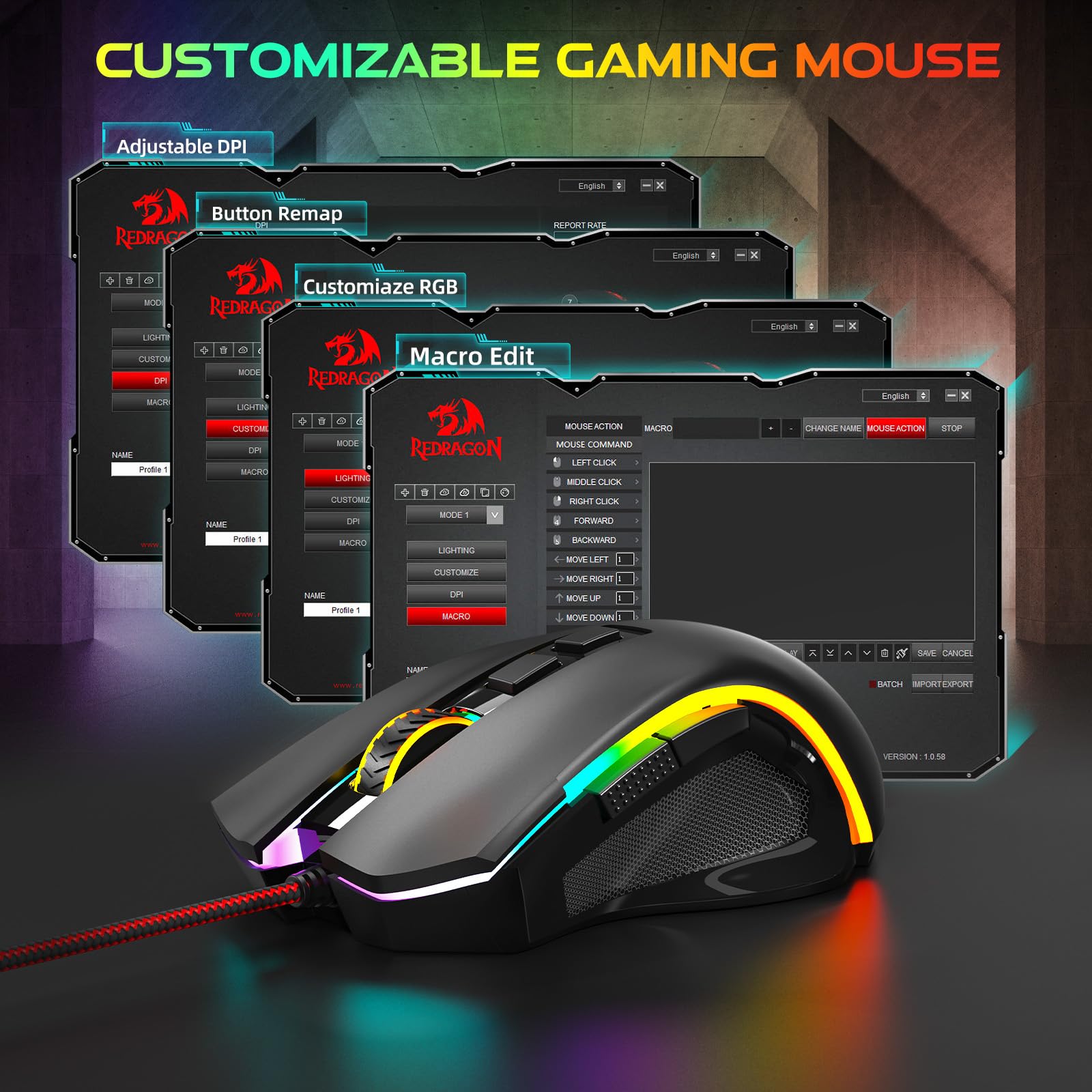 Redragon M602 Ergonomic RGB Gaming Mouse with Adjustable DPI