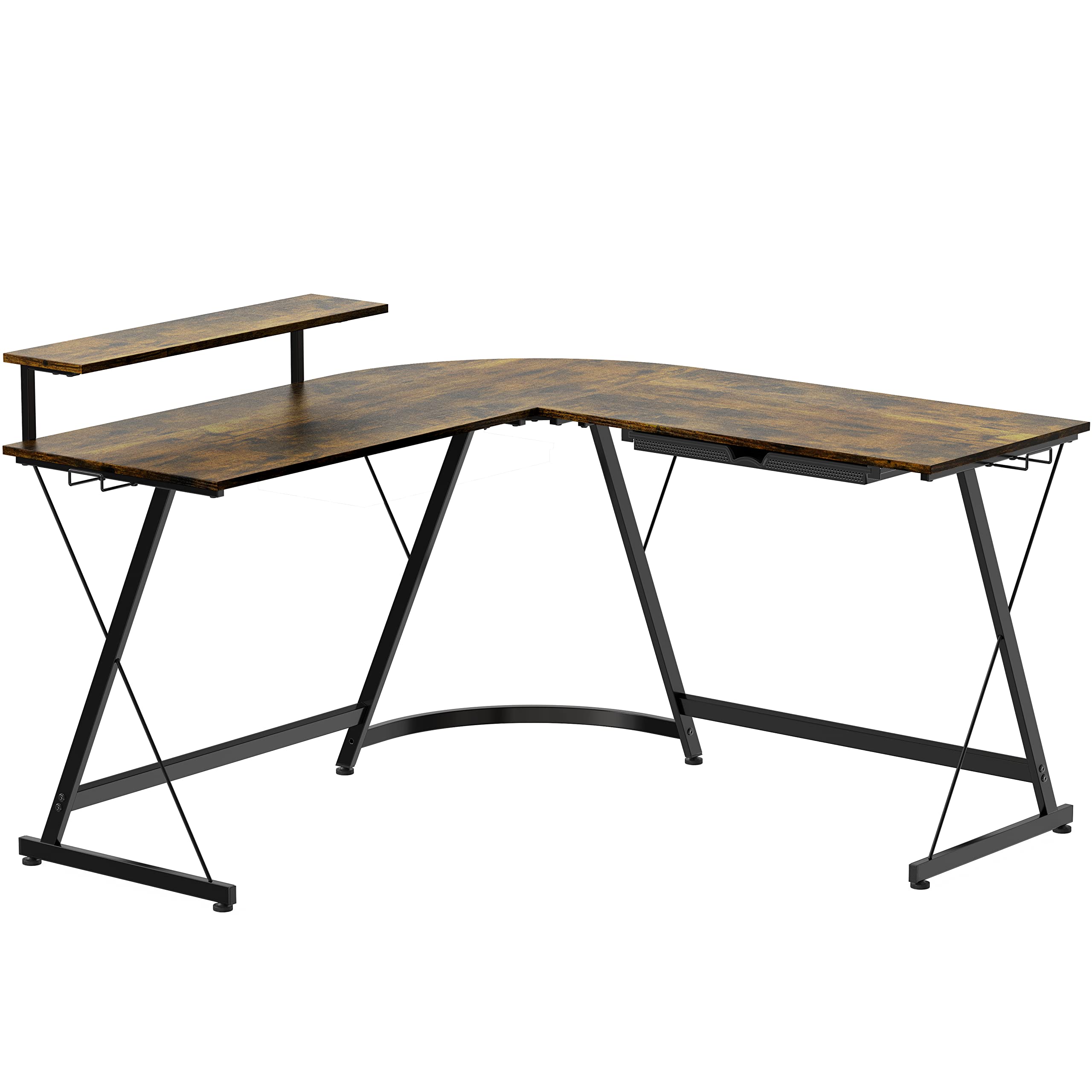 L Shaped Black Desk with Monitor Stand and Drawer