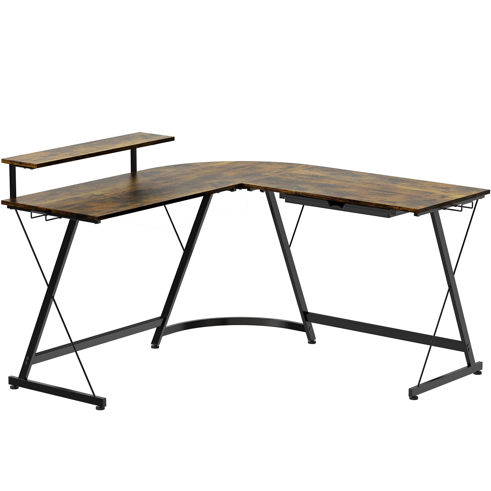 L Shaped Black Desk with Monitor Stand and Drawer