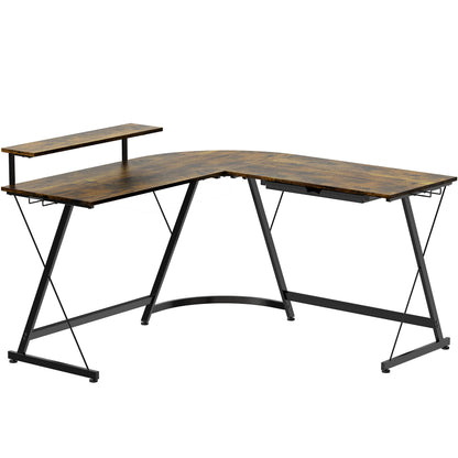 L Shaped Black Desk with Monitor Stand and Drawer