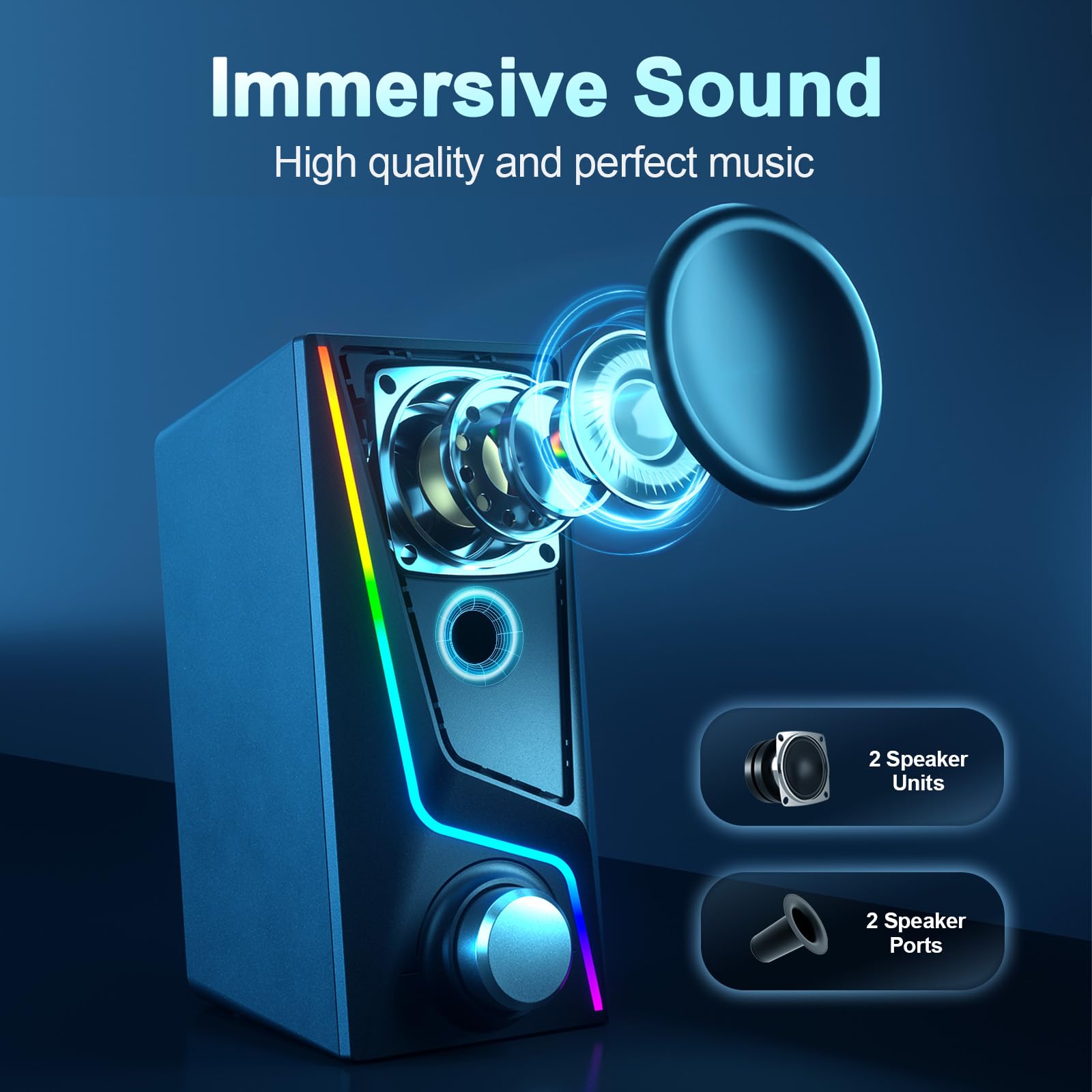 USB Powered Computer Speakers with Bass Boost and Lighting Modes