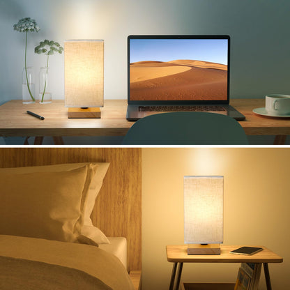 Small Bedside Lamp With Wood Base And Round Warm White Shade