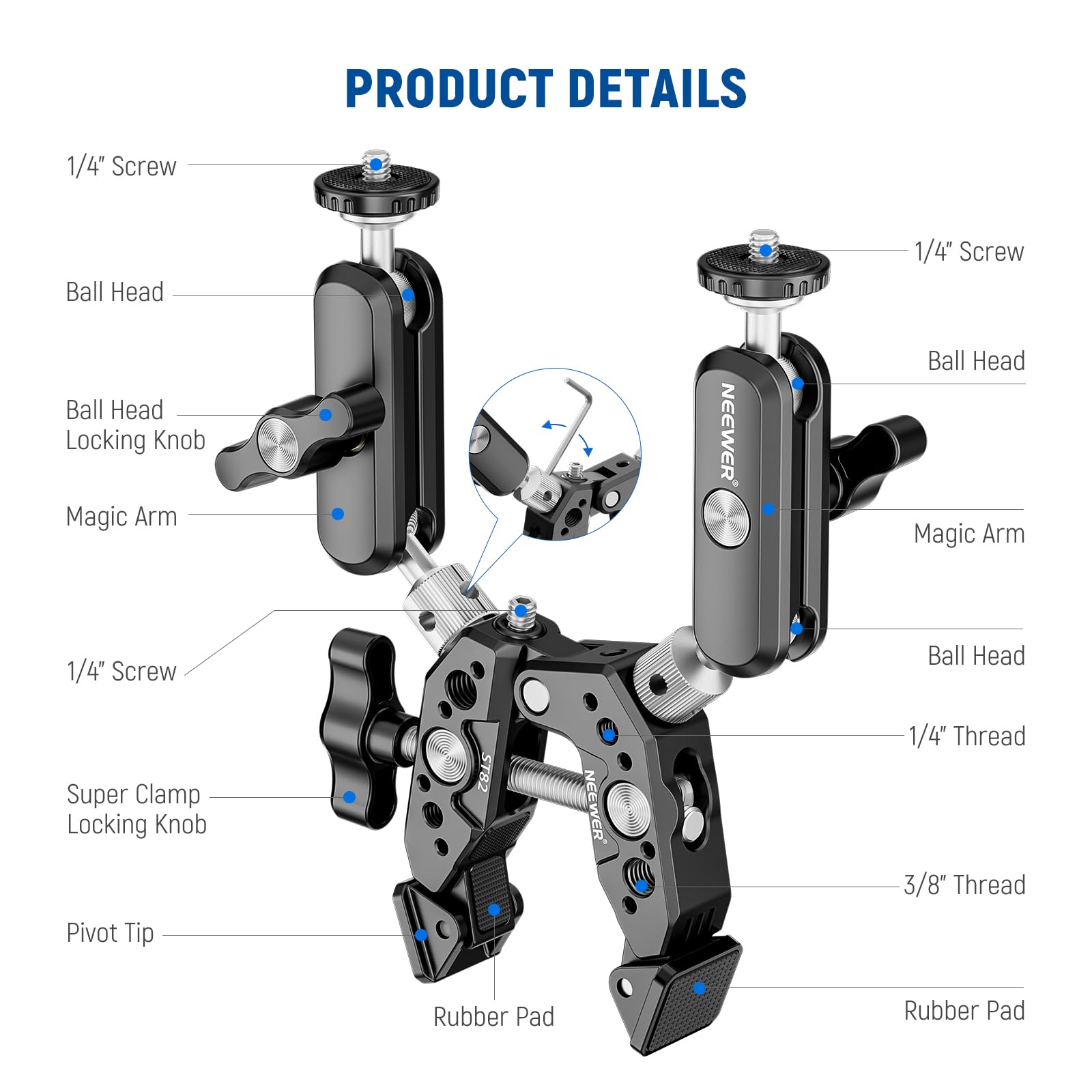 Neewer Super Clamp with Dual Ballhead Magic Arm