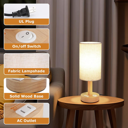 Small Bedside Lamp With Wood Base And Round Warm White Shade