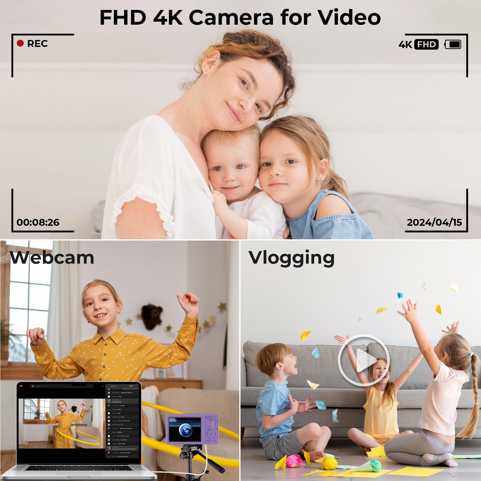 FHD 4K Digital Camera for Kids with 16X Zoom