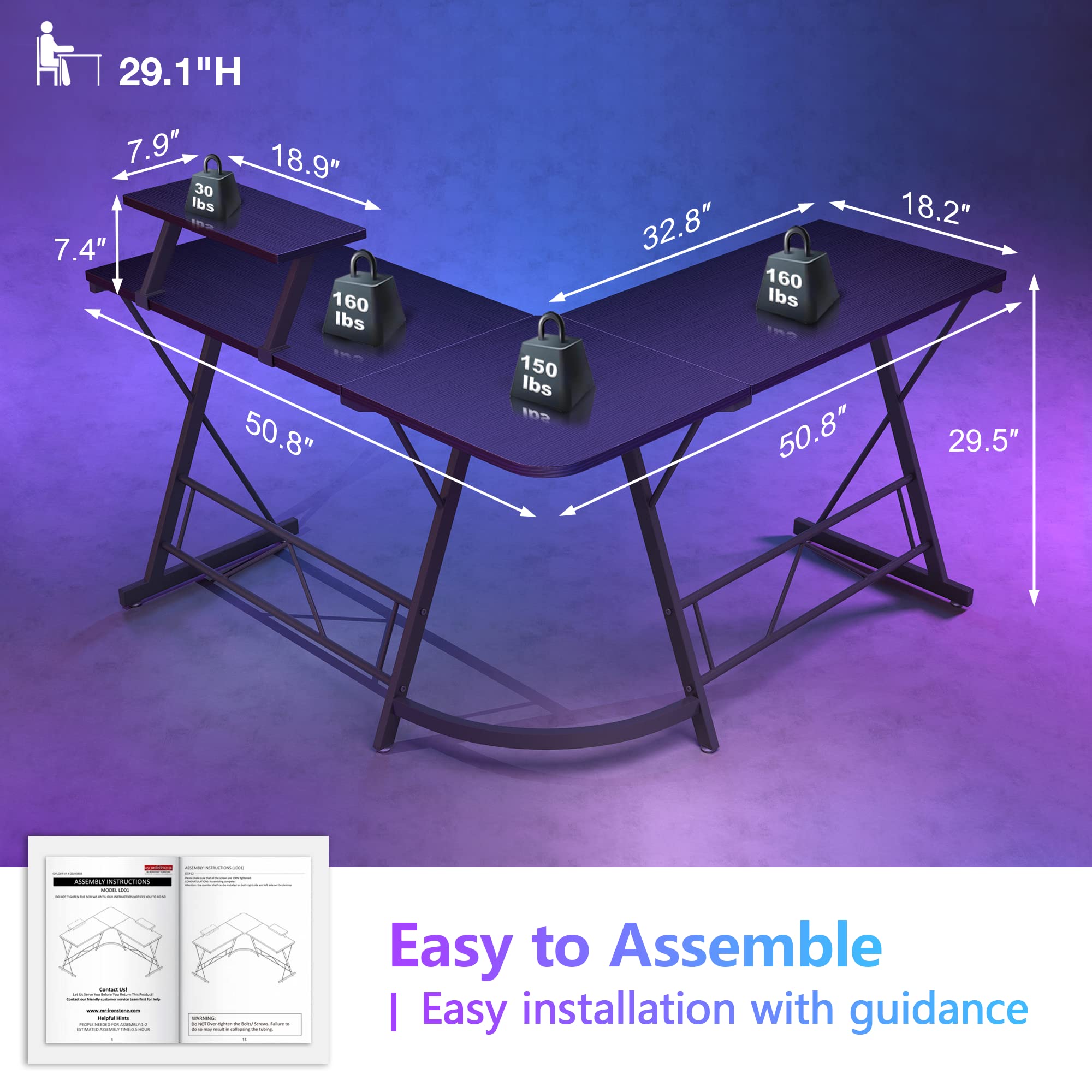 L Shaped Gaming Desk with Large Monitor Stand