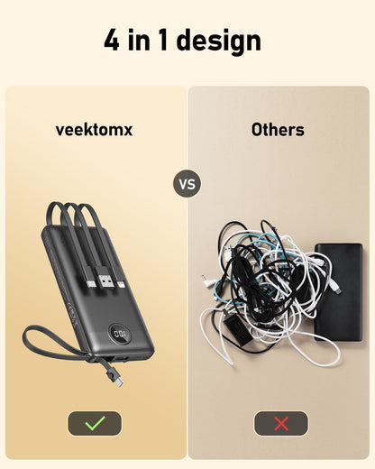 VEEKTOMX Portable Charger 10000mAh BuiltIn Cables Fast Charge