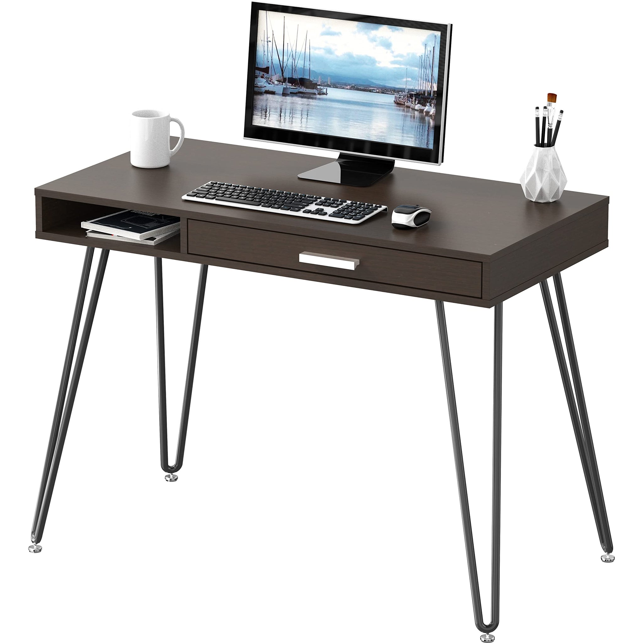 Elegant White Hairpin Leg Desk with Drawer