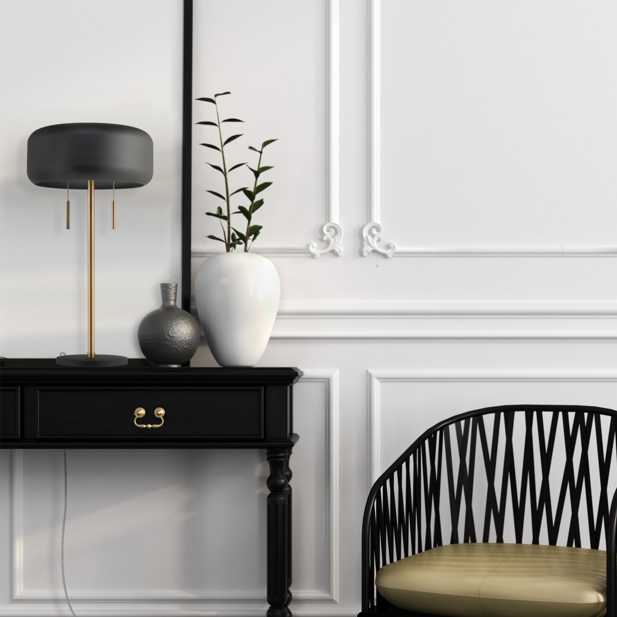 Metallic Gray Table Lamp with Dual Pull Chains for Versatile Lighting