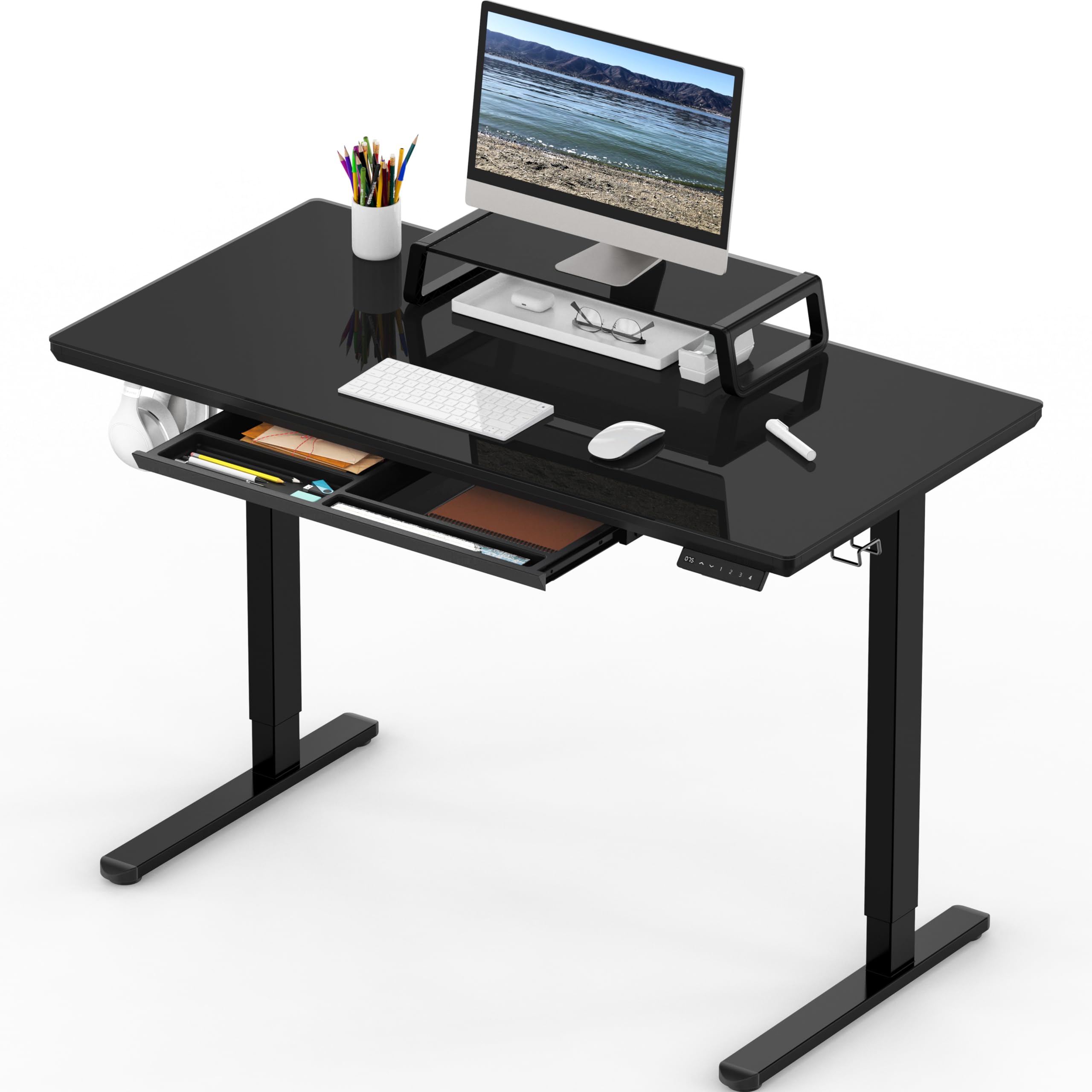Height Adjustable Glass Desk With Monitor Riser