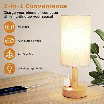 Small Bedside Lamp With Wood Base And Round Warm White Shade