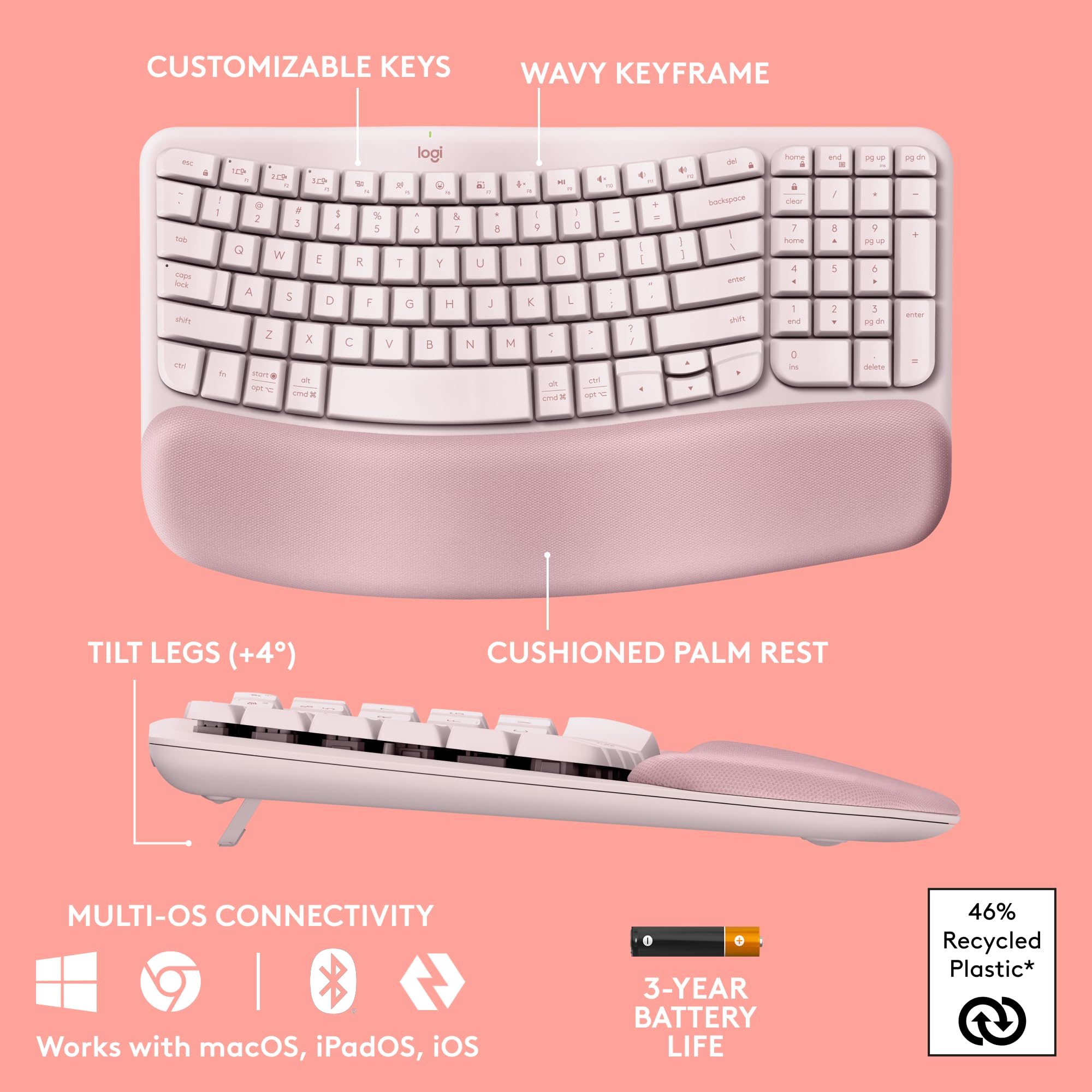 Logitech Wave Keys Wireless Ergonomic Keyboard for Comfort