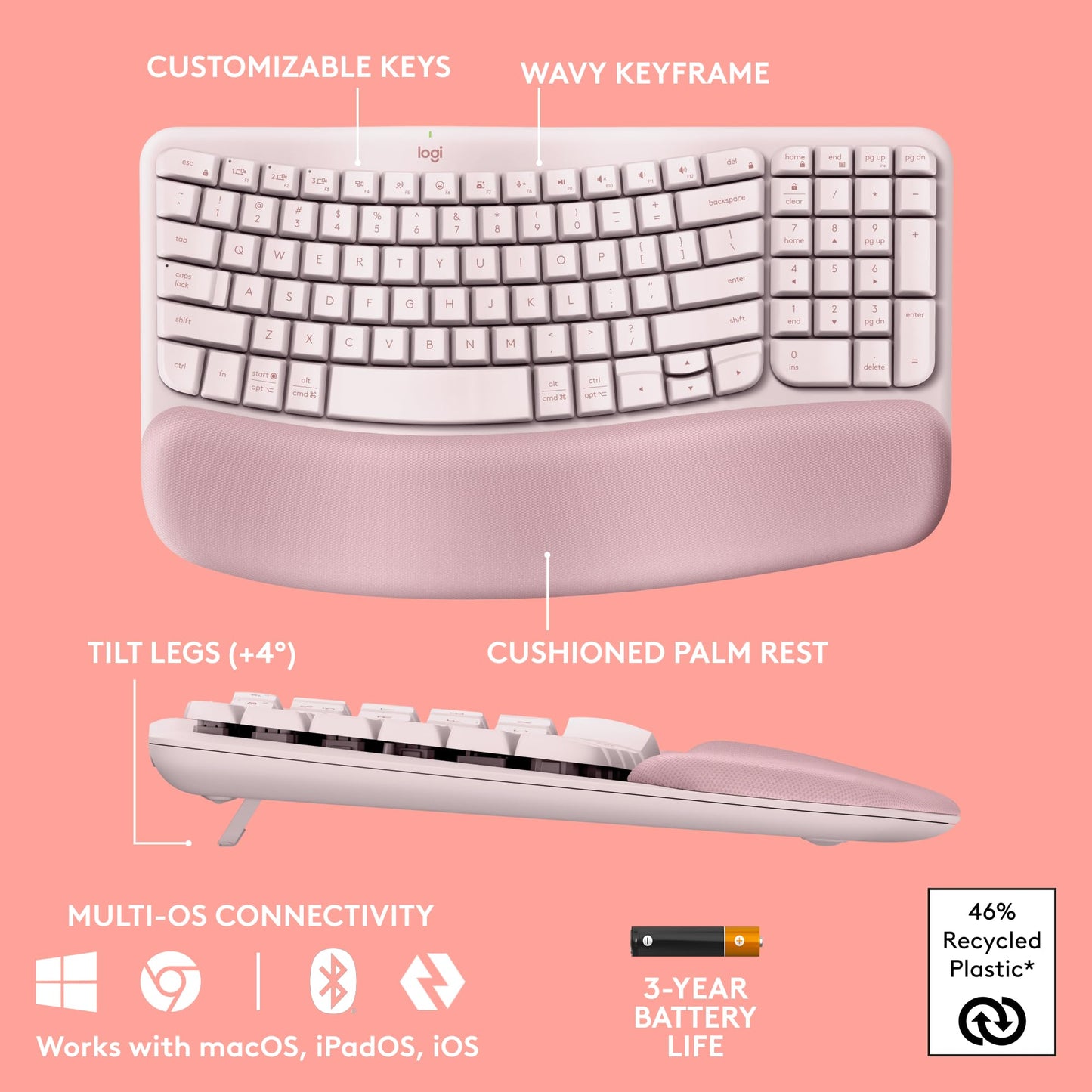 Logitech Wave Keys Wireless Ergonomic Keyboard for Comfort