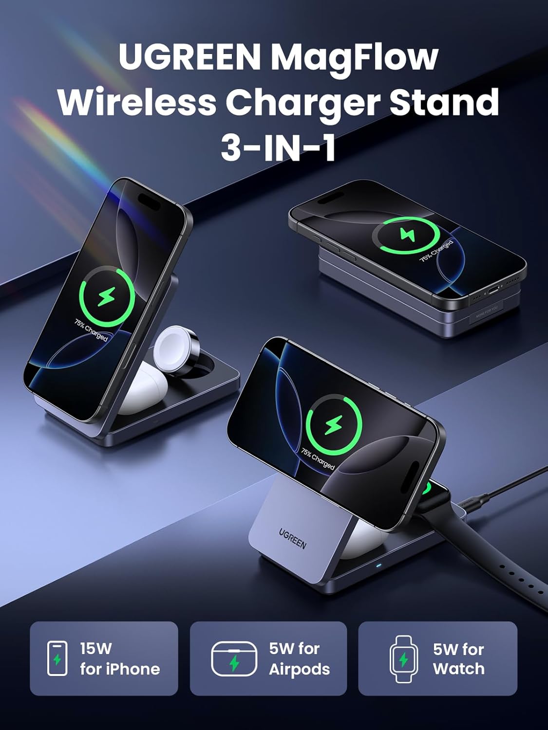 UGREEN MagFlow 3-in-1 Wireless Charger Station for iPhone