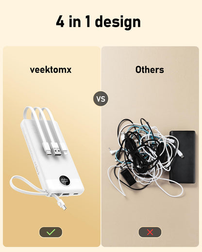 VEEKTOMX Portable Charger 10000mAh BuiltIn Cables Fast Charge