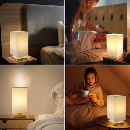 Small Bedside Lamp With Wood Base And Round Warm White Shade