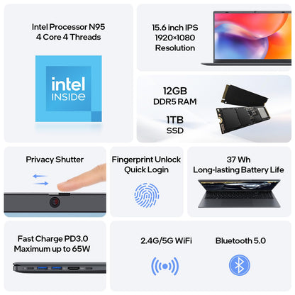 Windows 11 Laptop 12GB DDR5 1TB SSD 15.6 FHD Display Gray