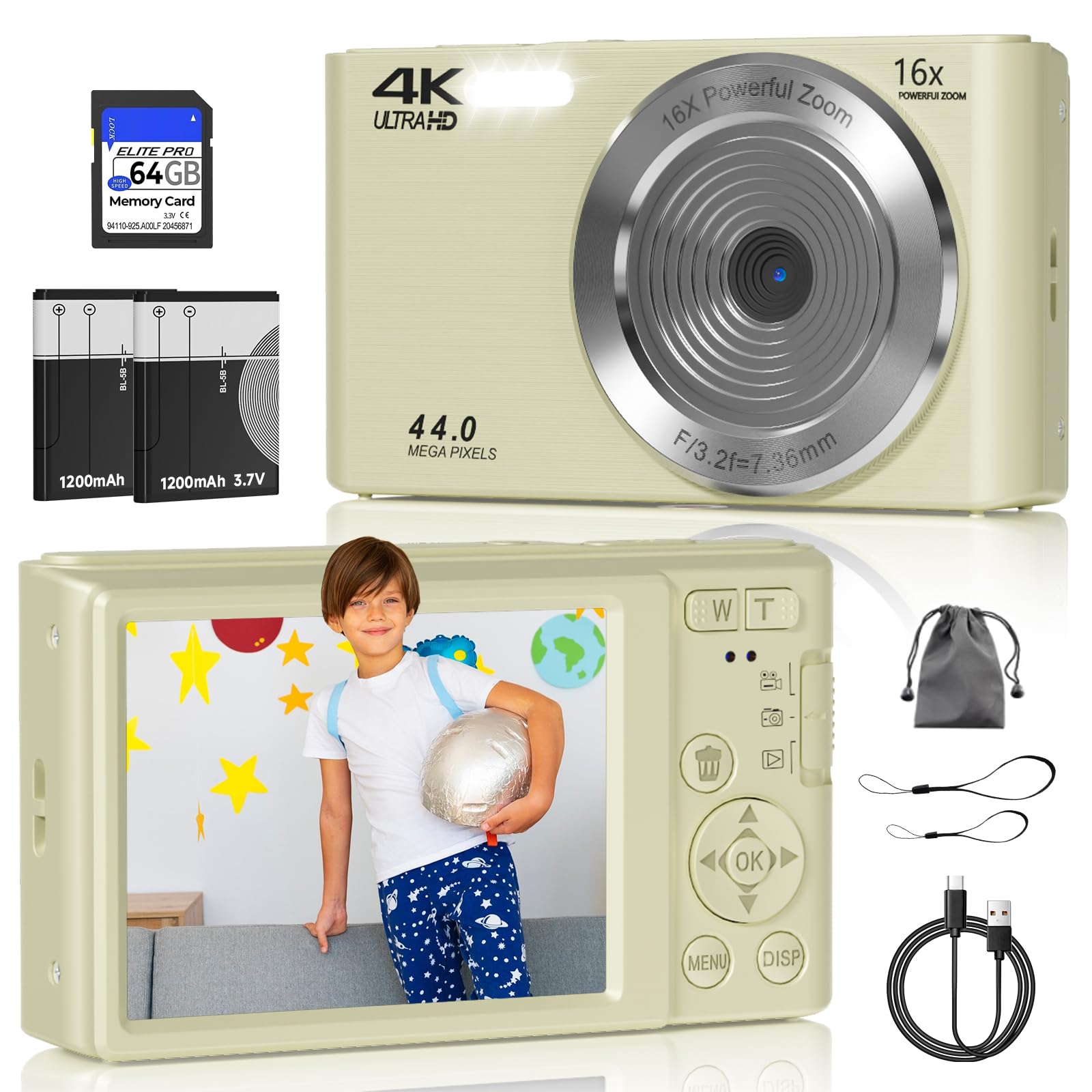 FHD 4K Digital Camera for Kids with 16X Zoom