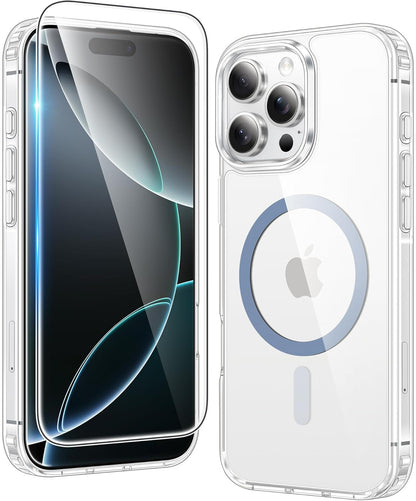 FNTCASE IPhone 16 Case Clear Magnetic MagSafe Screen Protector Drop Proof Rugged