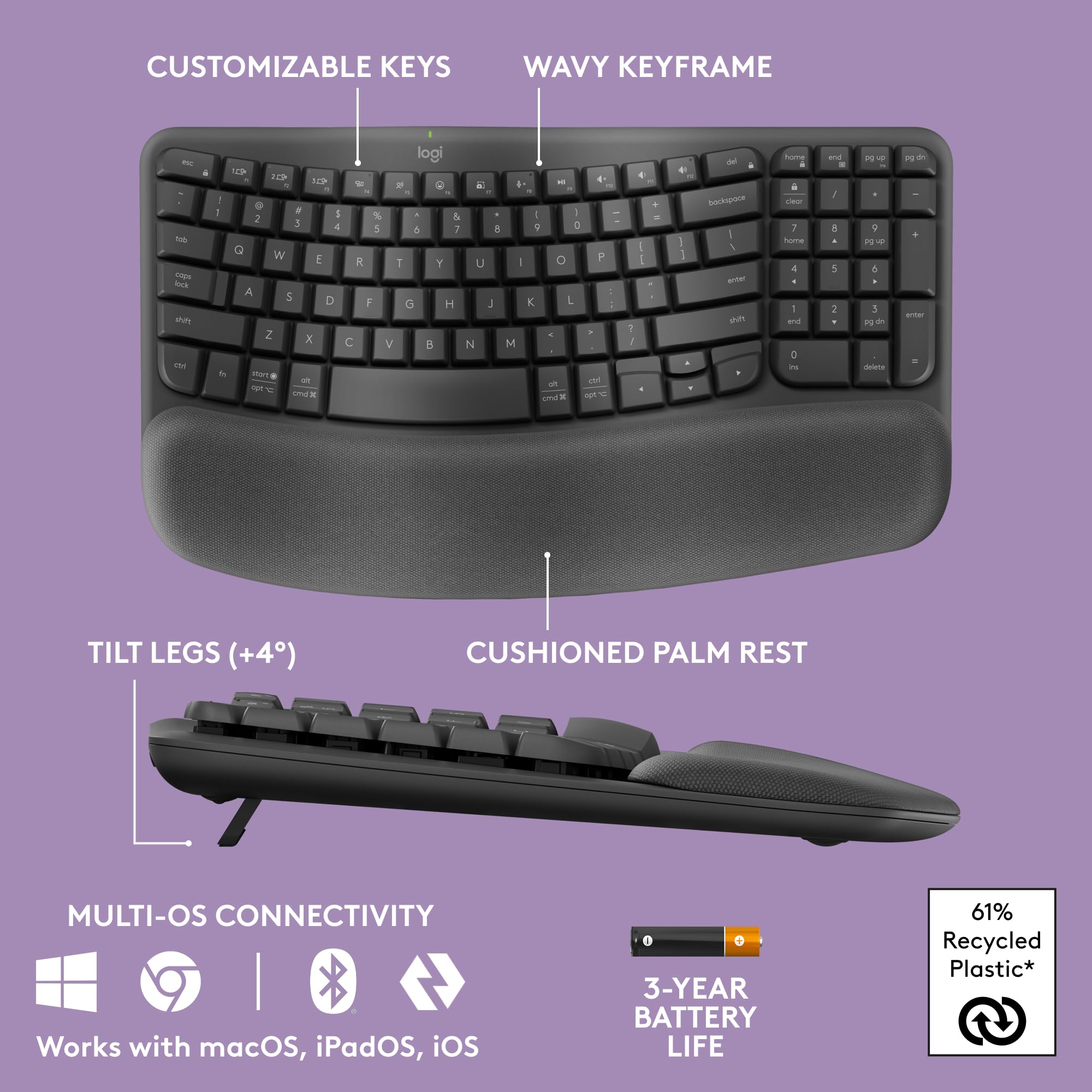 Logitech Wave Keys Wireless Ergonomic Keyboard for Comfort