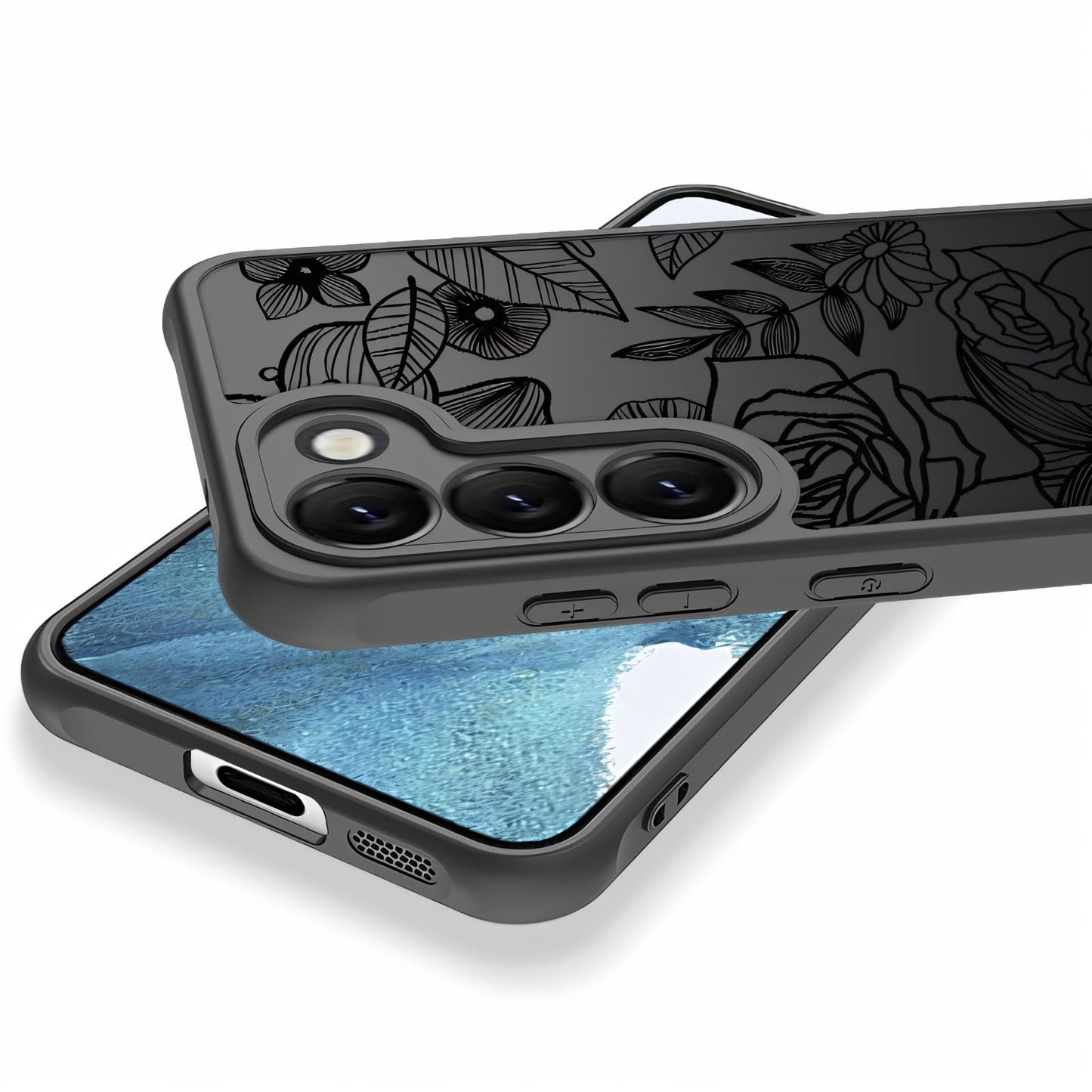 Samsung Galaxy A16 5G Case Black Line Art Floral Rose Pattern Heavy Duty PC