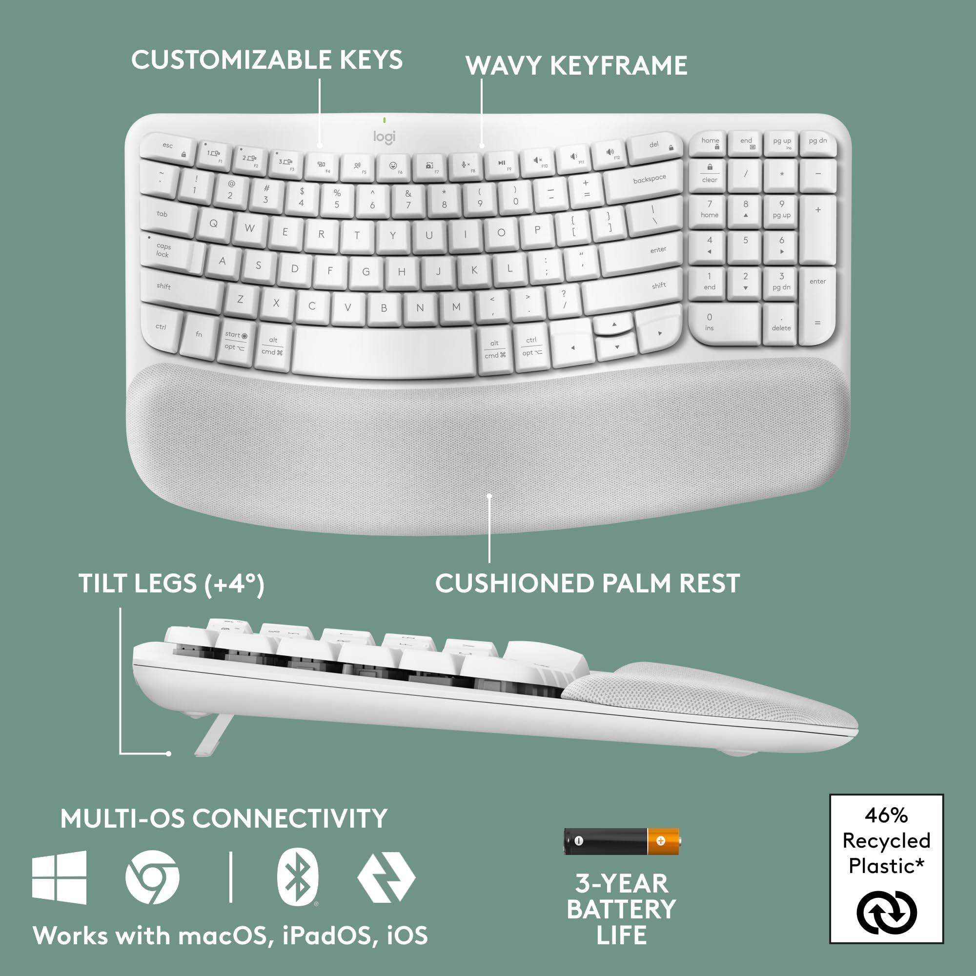 Logitech Wave Keys Wireless Ergonomic Keyboard for Comfort