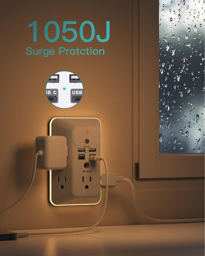 Addtam 9 In 1 USB Wall Outlet With Night Light 5 Outlets