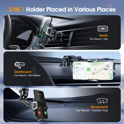Upgraded 3 In 1 Car Phone Holder Mount Powerful Suction