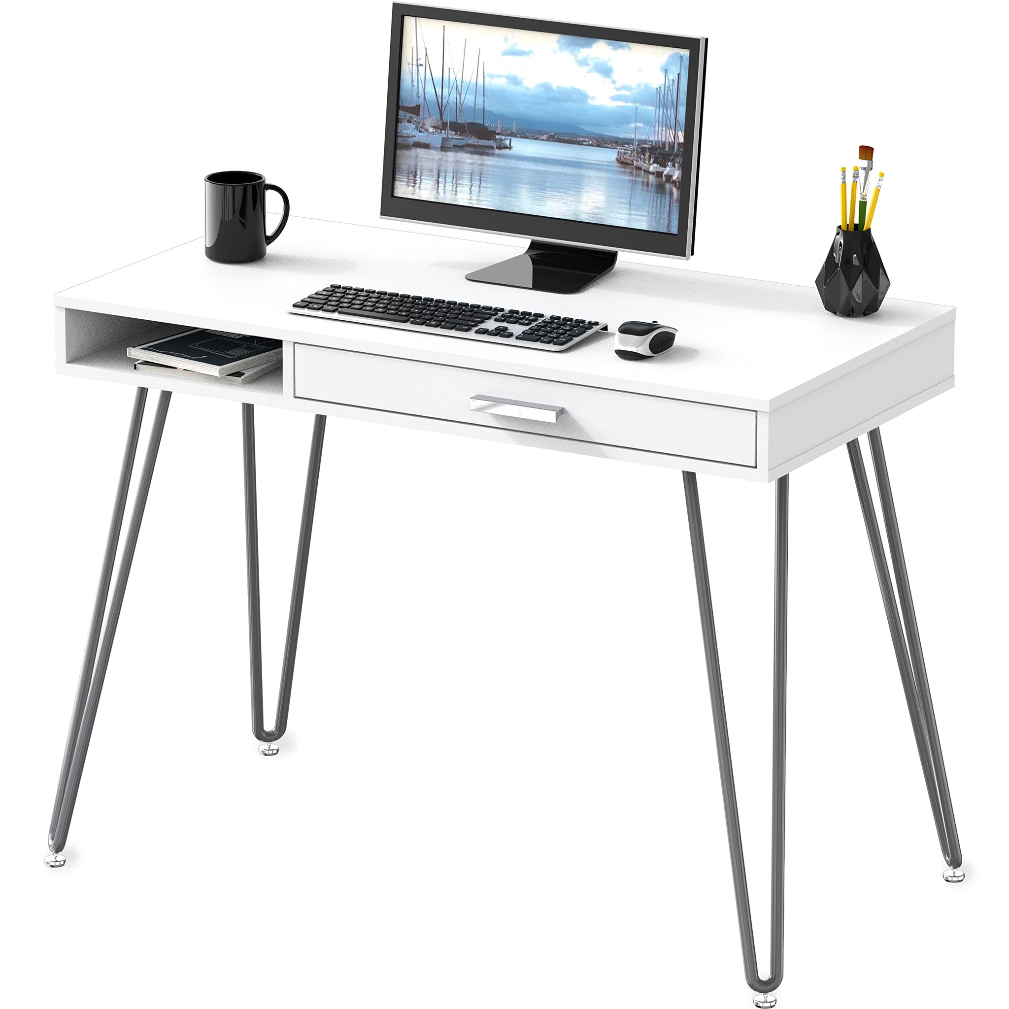 Elegant White Hairpin Leg Desk with Drawer