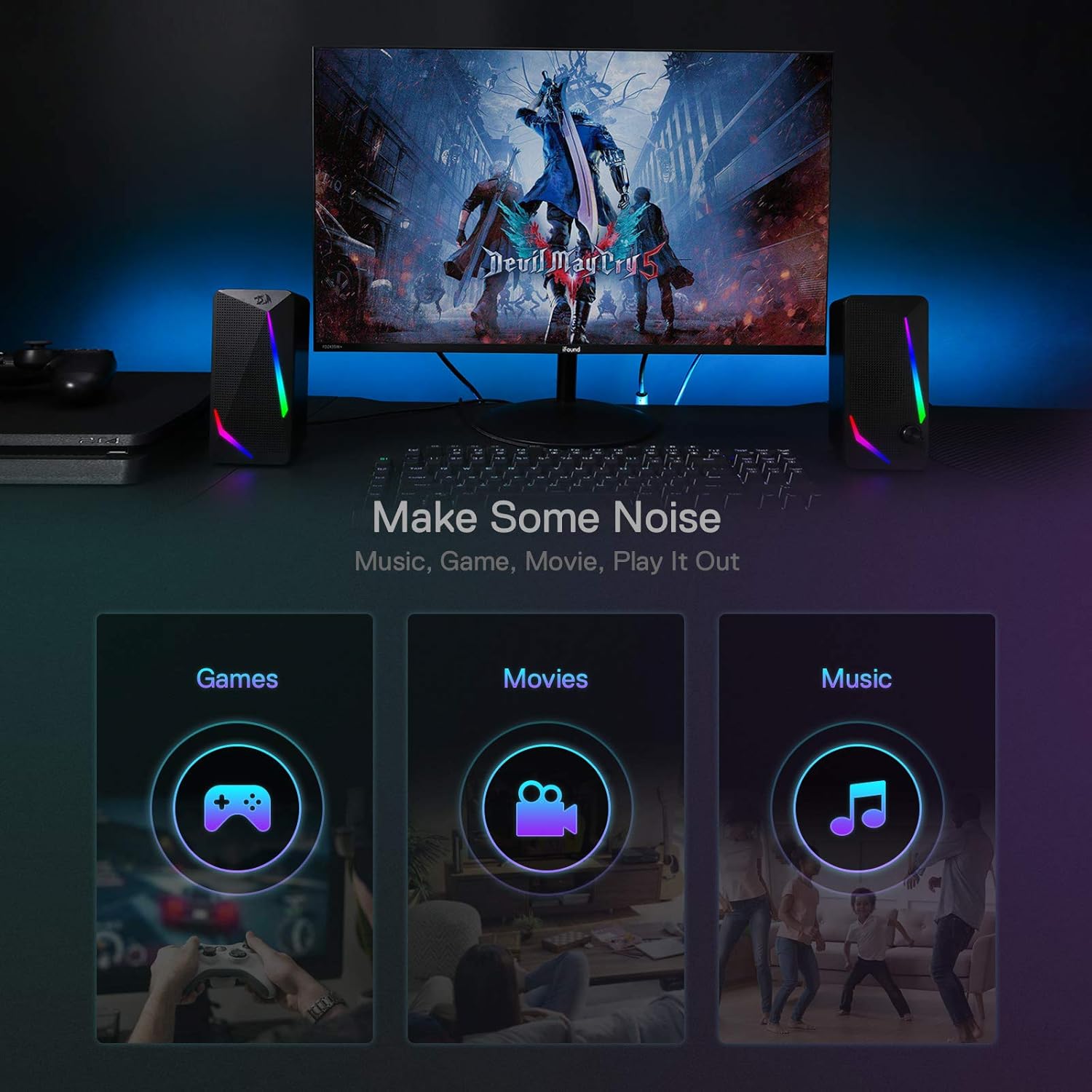 Redragon RGB Desktop Speakers with Enhanced Bass and LED Lights