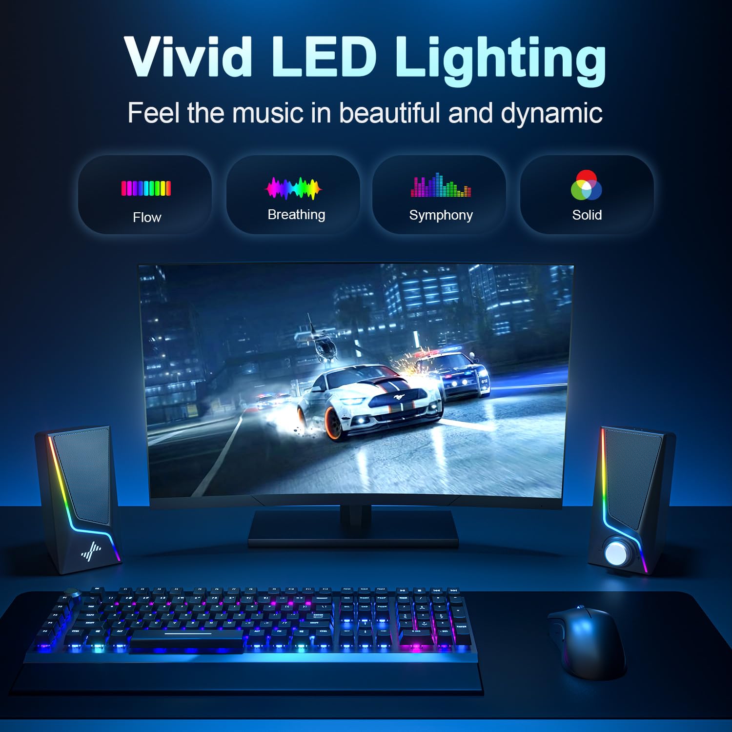 USB Powered Computer Speakers with Bass Boost and Lighting Modes