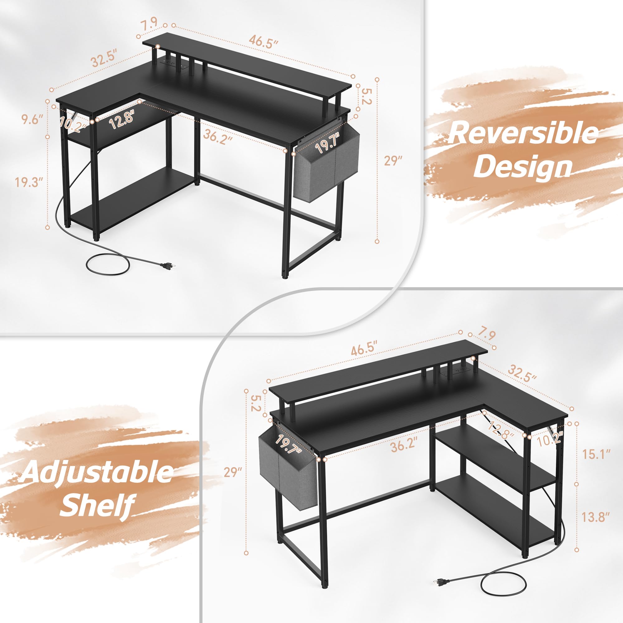 L Shaped Desk with Power Outlets and LED Lights