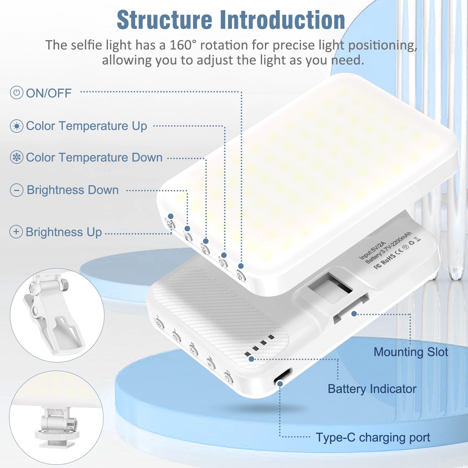 Rechargeable LED Selfie Light with Tripod Adapter
