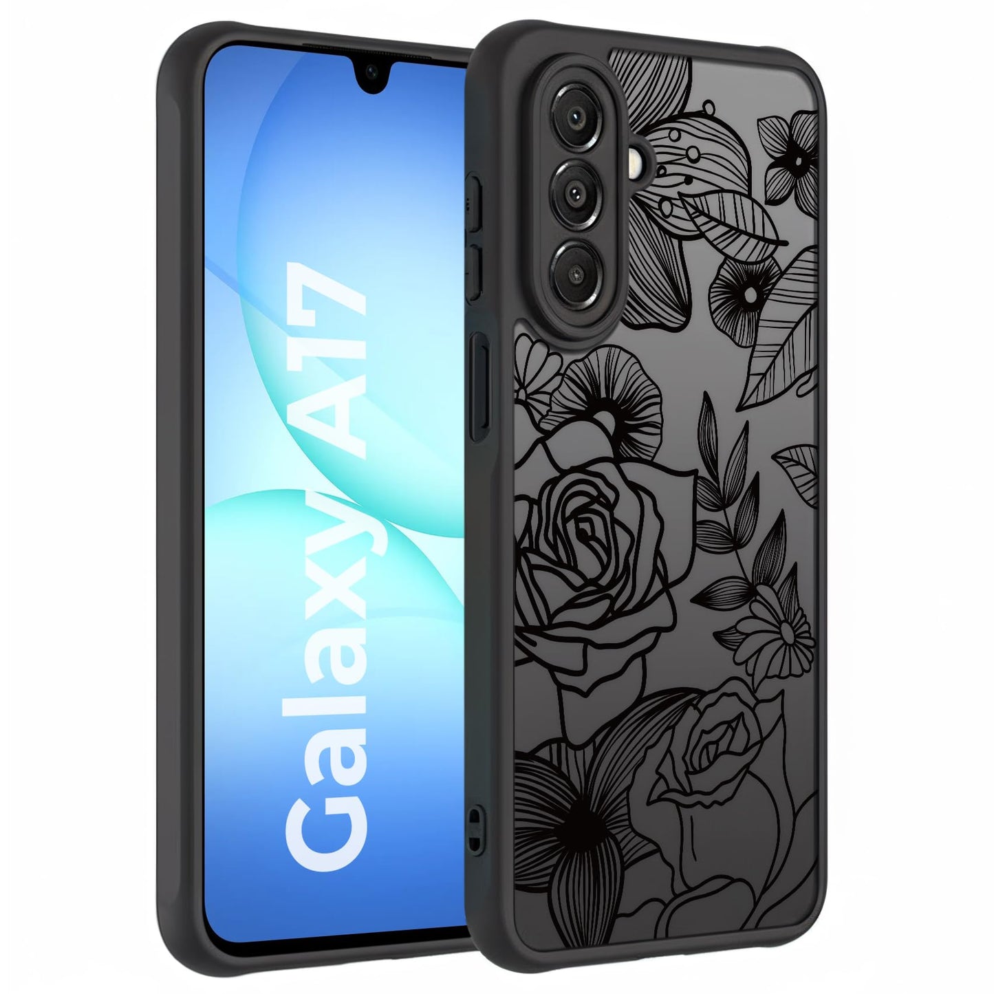 Samsung Galaxy A16 5G Case Black Line Art Floral Rose Pattern Heavy Duty PC