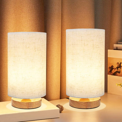 Small Bedside Lamp With Wood Base And Round Warm White Shade