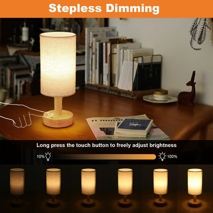 Small Bedside Lamp With Wood Base And Round Warm White Shade