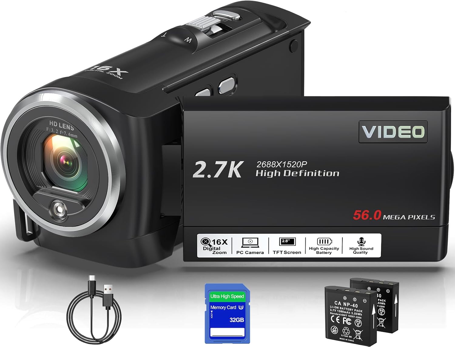 QHD 2.7K Camcorder with 16X Zoom and LED Light