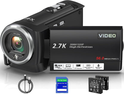 QHD 2.7K Camcorder with 16X Zoom and LED Light