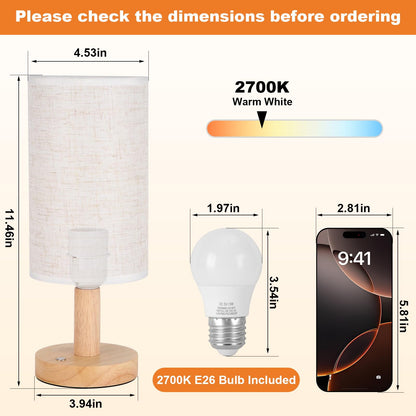 Small Bedside Lamp With Wood Base And Round Warm White Shade