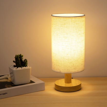 Small Bedside Lamp With Wood Base And Round Warm White Shade