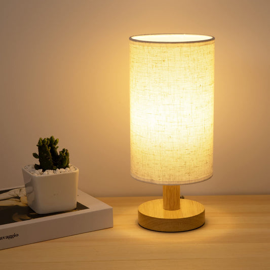 Small Bedside Lamp With Wood Base And Round Warm White Shade
